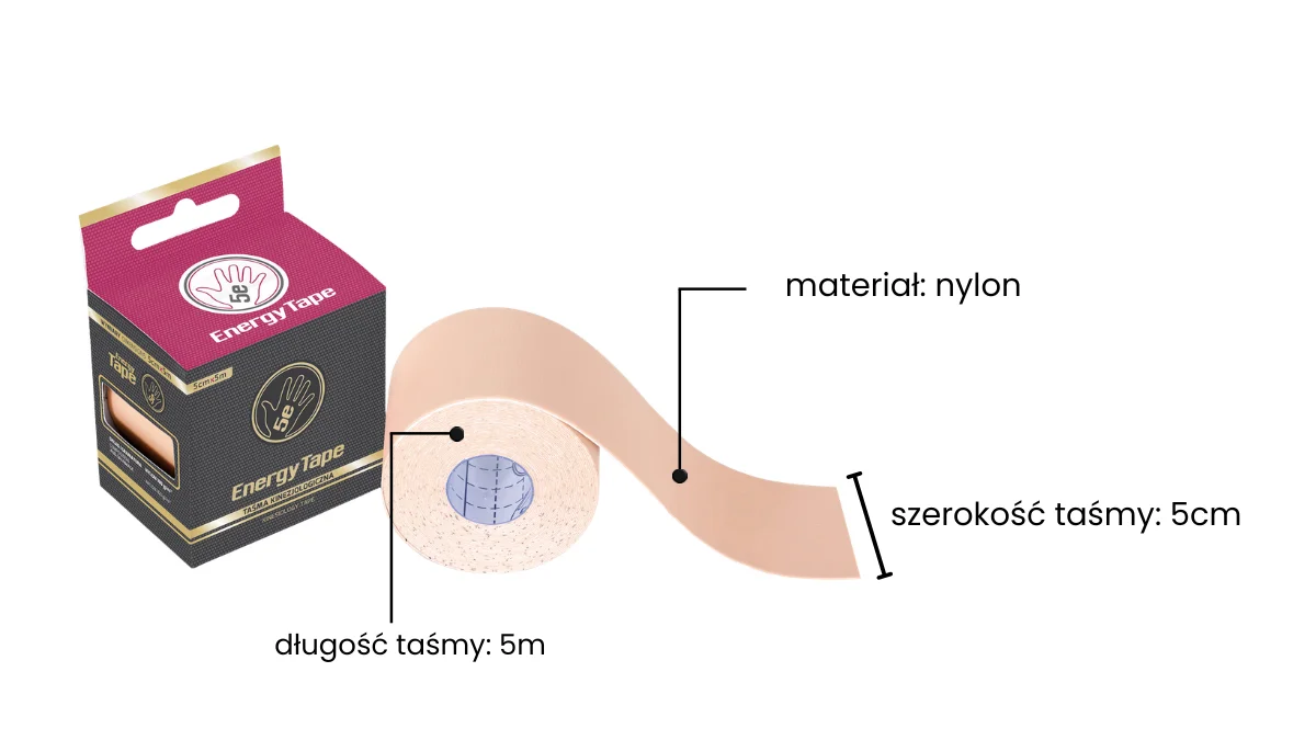 Wymiary (5cm x 5m) i pudełko tejpów nylonowych 5e ENERGY w kolorze beżowym